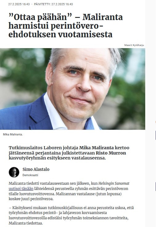 Maliranta Demokraati perintöveron poisto 20250227